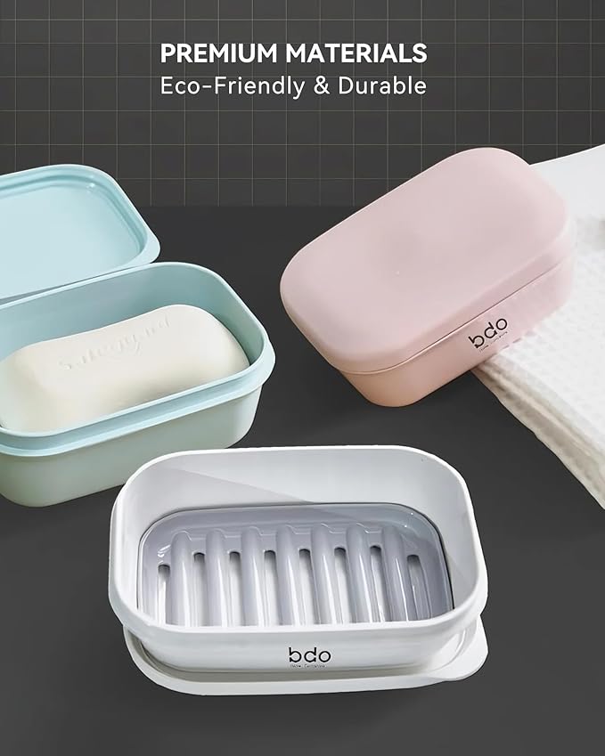 Travel Essentials Soap Holder with Lid, Leakproof Soap Dish with Drainage Layer, Portable Travel Soap Bar Case for Camping, Gym, Bathroom, Kitchen, Dormitory, Hotel (White)