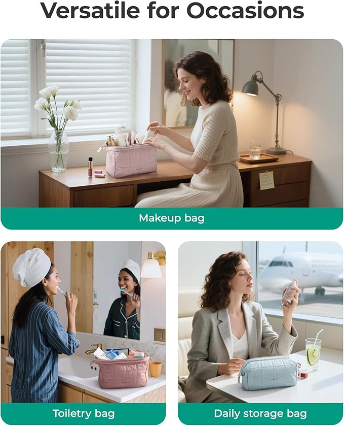 BAGSMART Makeup Bag Travel Toiletry Bag, Puffy Padded Make Up Bags for Women Makeup Organizer Case, Wide-open Pouch Purse Travel Essentials Toiletries Accessories Brushes, Gray