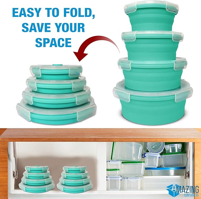 Set of 4 Silicone collapsible food storage containers with lids, Collapsible Bowls for Camping, Rv storage and organization, Rv Kitchen Accessories, BPA Free, Microwavable, Freezer, Dishwasher Safe