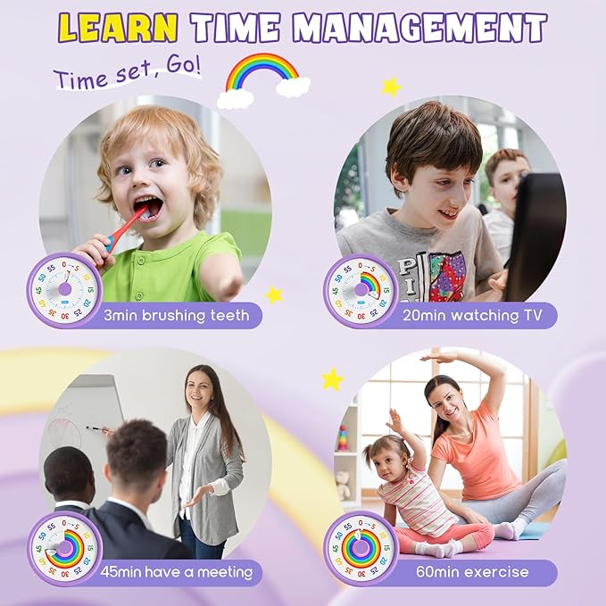 HIPPIH Visual Timer for Kids, 60 Minute Countdown Timers for Classroom Kitchen Office, Rainbow Disk Desk Timer Clock with Silent Operation, Pomodoro Timer Time Management Tools for Toddler ADHD Purple