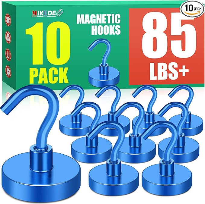 MIKEDE Magnetic Hooks 85Lbs Strong Neodymium Magnets with Hooks for Cruise Heavy Duty Earth Magnets Hooks for Refrigerator Outdoor Hanging Brackets Magnetic Hanger for Cabins (Blue, 10 Pack)
