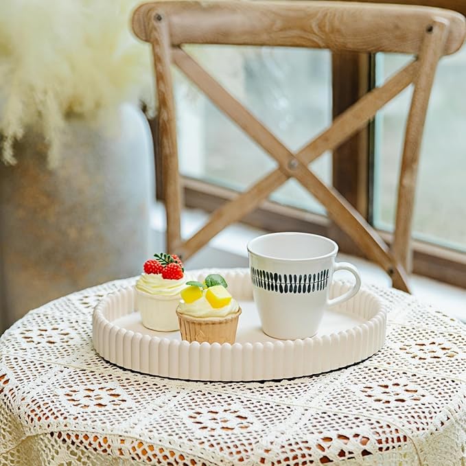 11.8in Decorative Tray for Coffee Table Decor- Beige Oval Concrete Tray for Home Decor- Scalloped Flat Modern Centerpieces Tray Decor for Living Room, Kitchen Dining Table, Entryway (Beige)