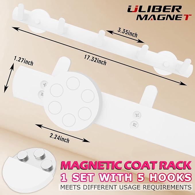 ULIBERMAGNET White Magnetic Coat Rack, Heavy Duty Magnetic Coat Holder with 5 Hooks, Anti-Slip Strong Magnetic Hanger for Refrigerator, Metal Cabinet, Entryway, Hanging Coats, Jackets, Umbrellas, Scarves, Bags