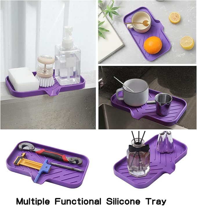Silicone Bathroom Soap Dishes with Drain Spout - Bathroom and Kitchen Sink Organizer, Sponge Holder, Dish Soap Tray, Perfect for Dispenser, Scrubber, Bottle, Cup on Sink or Counter - Purple 9.6" × 5.3"