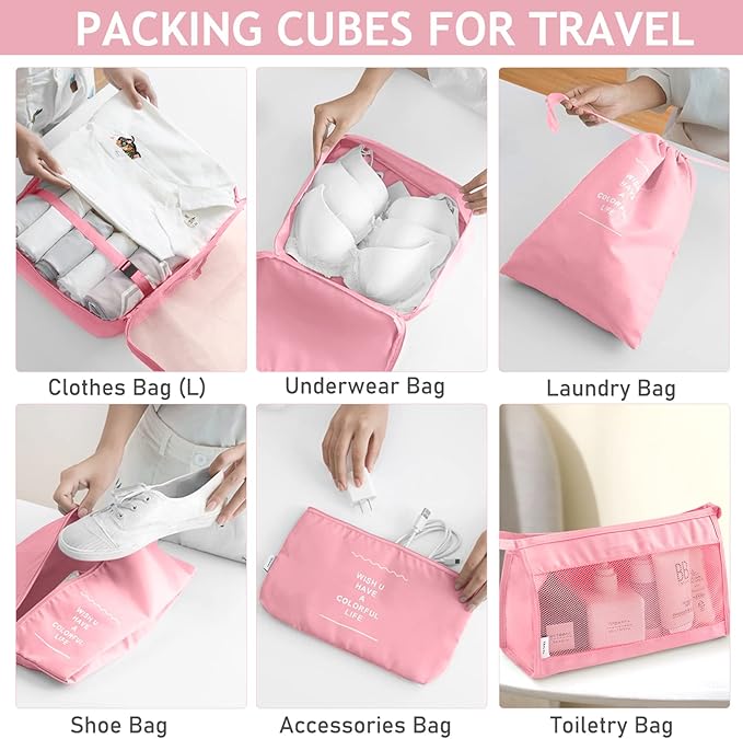 KPX 8 Set Packing Cubes for Travel, Luggage Packing Organizers Accessories Large Toiletry Bag for Clothes Shoes Cosmetics (Pink)