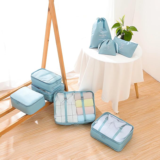 LANSKLBD 8 Set Packing Cubes for Suitcases Travel Luggage Packing Organizers, Travel Essentials Accessories Luggage Organizer with Shoe Bag Toiletry/Laundry Bag (light blue)