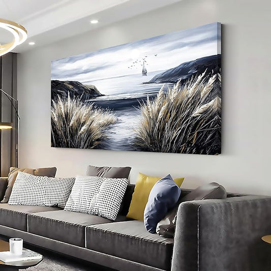 ZESTRILIA Country Beach Coastal Sailboat Wall Art for Living Room Office Black and White Rustic Canvas Painting Prints Vintage Nautical Artwork Dining Bedroom Decor Extra Large (58x28 Inches)