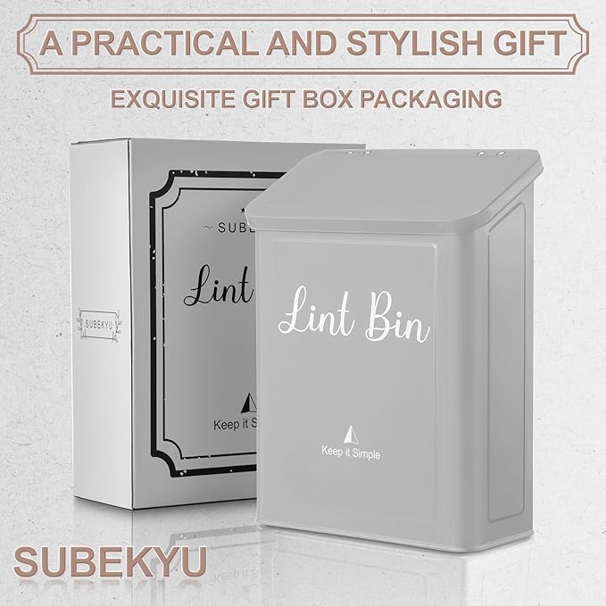 SUBEKYU Metal Magnetic Lint Bin for Laundry Room, Wall Mounted Lint Box Holder with Lid for Dryer,Light Grey