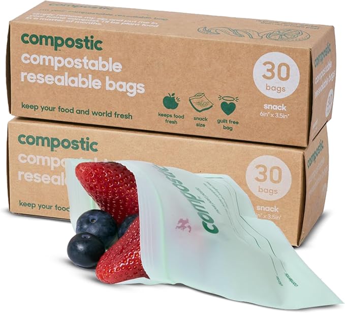 Compostic Home Compostable Resealable Snack Size Bags, Microwave & Freezer Safe, Organic Food Storage Container, 60 Count