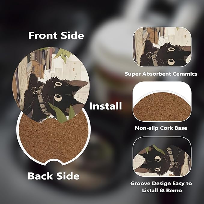 Car Cup Holder Coasters, 2 Pcs Ceramic Coasters with Cork Back and Finger Slot, Anti-Slip Shock Absorbing Women and Men Universal Car Accessories - Wide-Eyed Cat