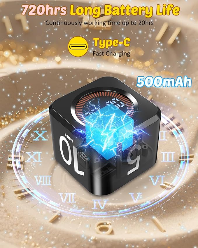 Pomodoro Timer Cube Visual Productivity Flip Timer for Kids Classroom Desk, 5/10/25/50min& Custom Countdown, Silent&Sound Mode Digital Cube for ADHD Study Work School Game Kitchen (Black)