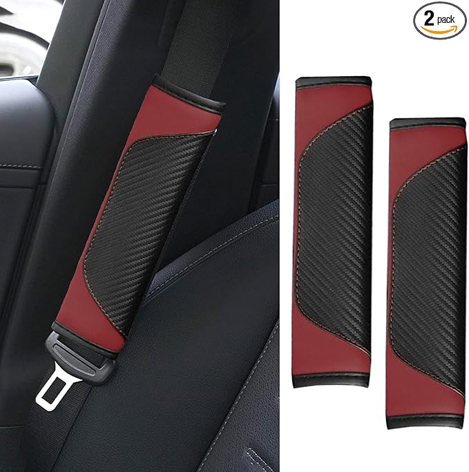 2PCS Car Seat Belt Cover Pad, Soft Carbon Fiber Leather Seatbelt Shoulder Protector for a More Comfortable Driving, Universal Safety Belt Strap Cover to Protect Your Neck (Wine Red)