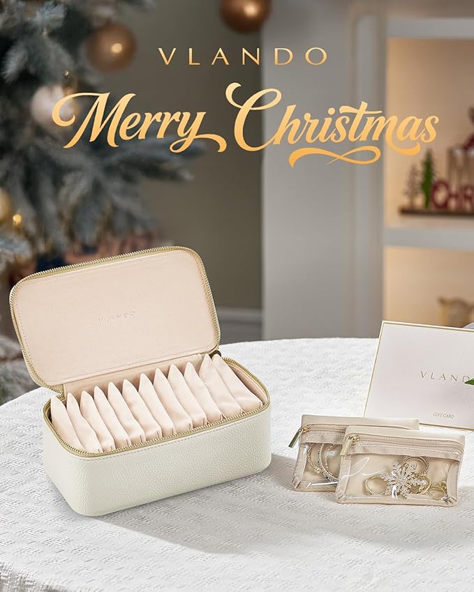 Vlando Travel Jewelry Case, Jewelry Box with 12 Velvet Jewelry Pouches, Jewelry Travel Organizer for Women and Girls, Jewelry Case, Necklace, Rings, Earrings Bags, Wedding Gifts (White)