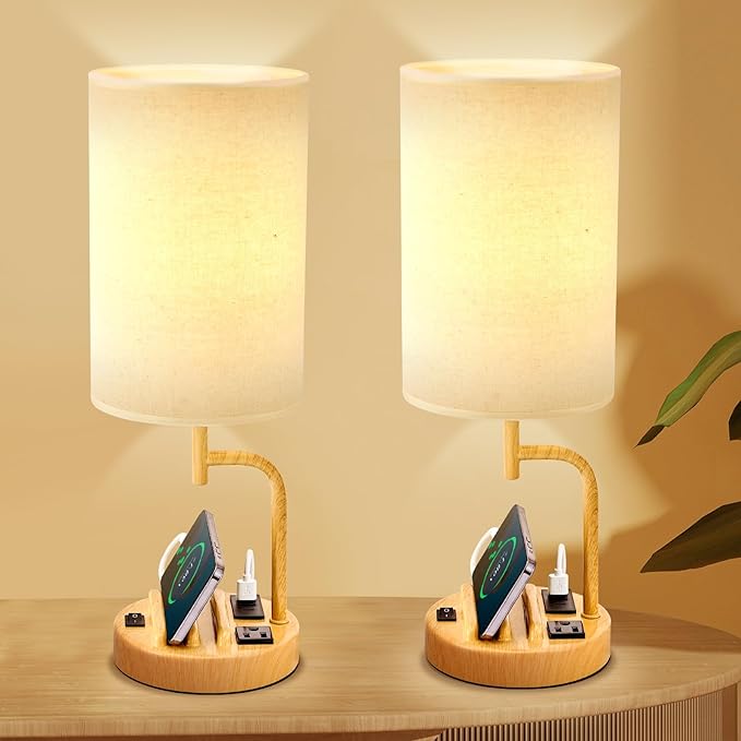 Dreamholder Table Lamp with 3 USB Charging Ports, Modern Desk Lamp with AC Outlet and Phone Stands, Perfect Bedside Lamp for Bedroom, Living Room, Office (Pack of 2)