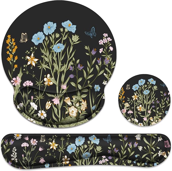 Ergonomic Mouse Pad with Wrist Rest and Keyboard Wrist Rest, Memory Foam Wrist Rest for Computer Keyboard, Easy Typing, Pain Relief, Black Mouse Pad Wrist Support for Gaming, Office, Laptop, Floral