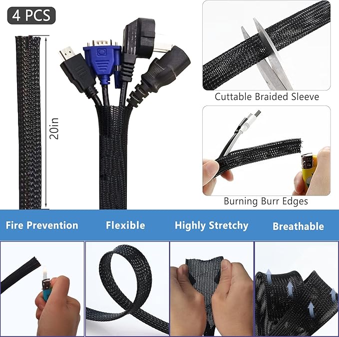ELII 327PCS White Cable Management Kit: 4 Cable Sleeves, 65 Cable Clips with 13 Cord Holders, 20+5 Roll Cable Organizer Straps, 200 Fastening Cable Ties, 20 Cable Zip Tie Mounts for Computer (White)