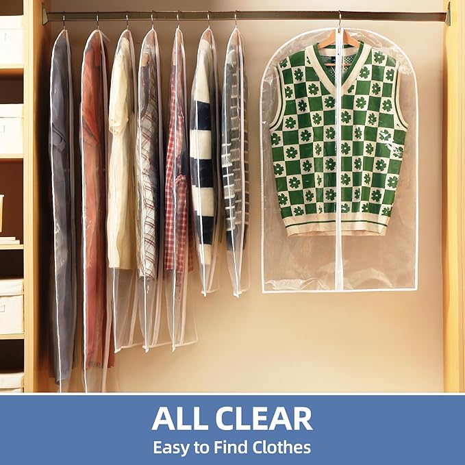 40" All Clear Garment Bags for Hanging Clothes, 12 Packs Suit Bags for Closet Storage, Plastic Waterproof Suit Cover Bags with Zipper for Coats, Jackets, Shirts (Set of 12)