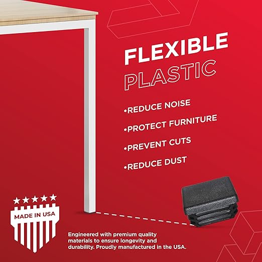 Prescott Plastics 1 1/4” (31.75mm) Outer Perimeter Ribbed Plastic Hole Plugs, Square Black Metal Tubing End Caps, Strong Furniture Leg Inserts, Impact & Weather Resistant, Made in The USA - 4 Pack