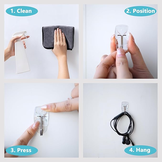 MOVELYST Medium Clear Wall Hooks, 18 Hooks + 24 Removable Strips, Wire Hooks with Adhesive Strips Damage-Free, Utility Hooks Heavy Duty, No Tools Wall Hooks for Hanging, Value Pack