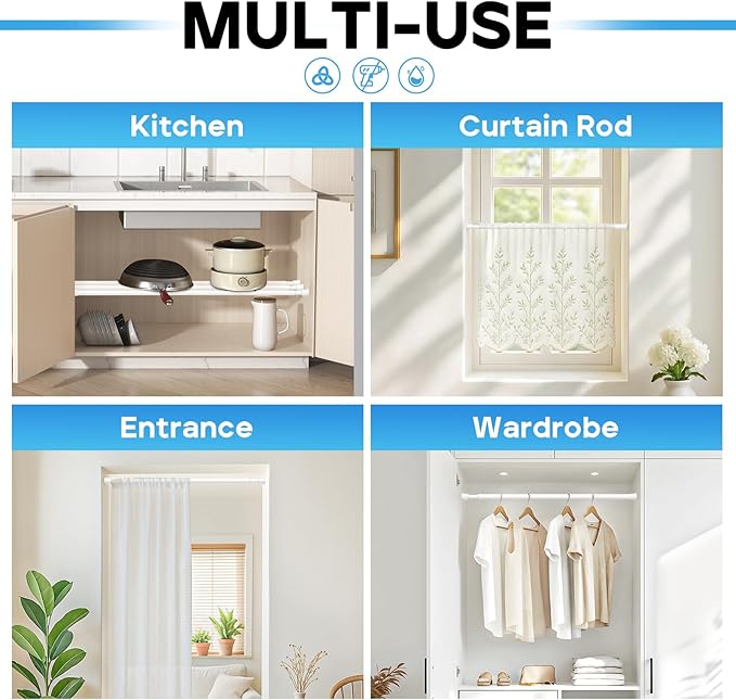 Tension Rods 28 to 48 Inch, 2Pcs White Spring Tension Curtain Rod No Drilling No Slip Spring Rods Adjustable Spring Curtain Rod