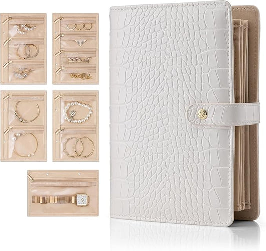 Vlando Small Jewelry Book Organizer - Leather Travel Jewelry Case with 5 Detachable Pages for Necklaces, Rings, Earrings, Tangle-Free, Giftable, Croco White