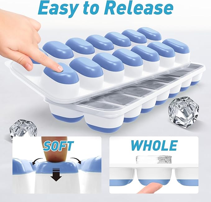 Ice Cube Tray with Lid, 4 Packs 56 Cubes Durable Stackable Ice Cube Trays for Freezer with Removable Lids, Easy-Release Plastic & Silicone Ice Tray for Cocktail, Coffee