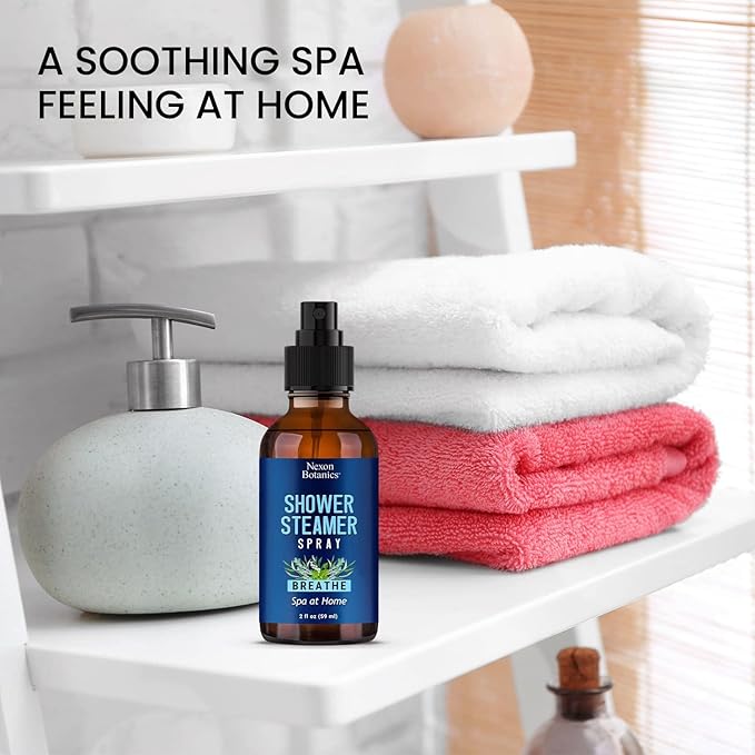 Breathe Shower Steamer Spray 2 fl oz - Aromatherapy Mist with Rosemary, Peppermint, Eucalyptus Essential Oil Blend - Refreshing Spa at Home Steam Spray - Nexon Botanics