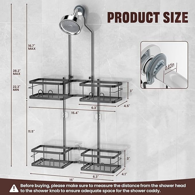 REINHARDT Adjustable Shower Caddy Hanging Rustproof Shower Caddy for Handheld Showerheads, Shower Organizer with Hooks Soap Holder Toothbrush Holder, Anti-Swing Shower Rack Bathroom Accessories, Black