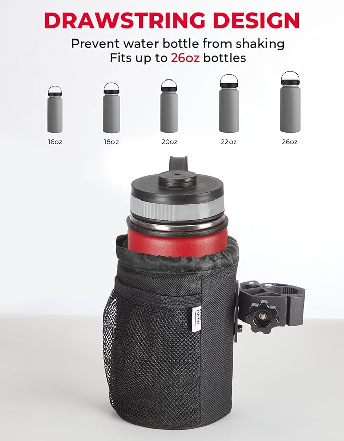 KEMIMOTO Motorcycle Cup Holder, Oxford Fabric Motorcycle Drink Holder with 0.6"-1.5" Alligator Clamp, Universal Water Bottle Cup Accessories for Bike, ATV/UTV, Scooter, Boat, Walker, Black L