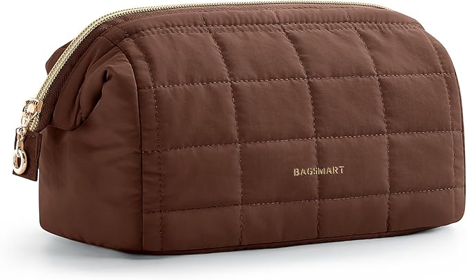 BAGSMART Makeup Bag Travel Toiletry Bag, Puffy Padded Makeup Bags for Women Makeup Organizer Case, Wide-open Pouch Purse Travel Essentials Toiletries Accessories Brushes, Chocolate