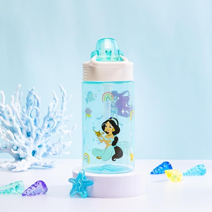 Zak Designs Disney Princess Sage Water Bottle For School or Travel, 16oz Durable Plastic Water Bottle With Straw, Handle, and Leak-Proof, Pop-Up Spout Cover (Ariel & Jasmine)