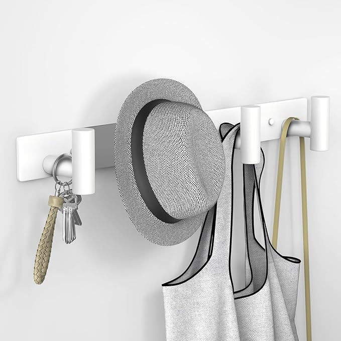 VAEHOLD Hat and Coat Wall Mount Rack - Hooks for Robes, Bags, Keys, and Towels - Bathroom Towel Hanger Organizer (White, "T" Shape 4 Hooks 2 Pack)