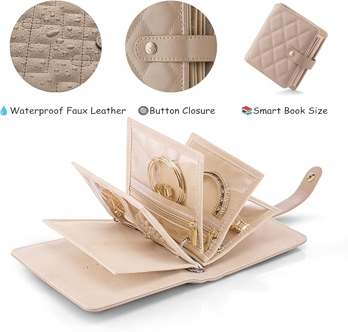 Vlando Small Jewelry Book Organizer - Leather Travel Jewelry Case with 5 Detachable Pages for Necklaces, Rings, Earrings, Tangle-Free, Giftable, Latte