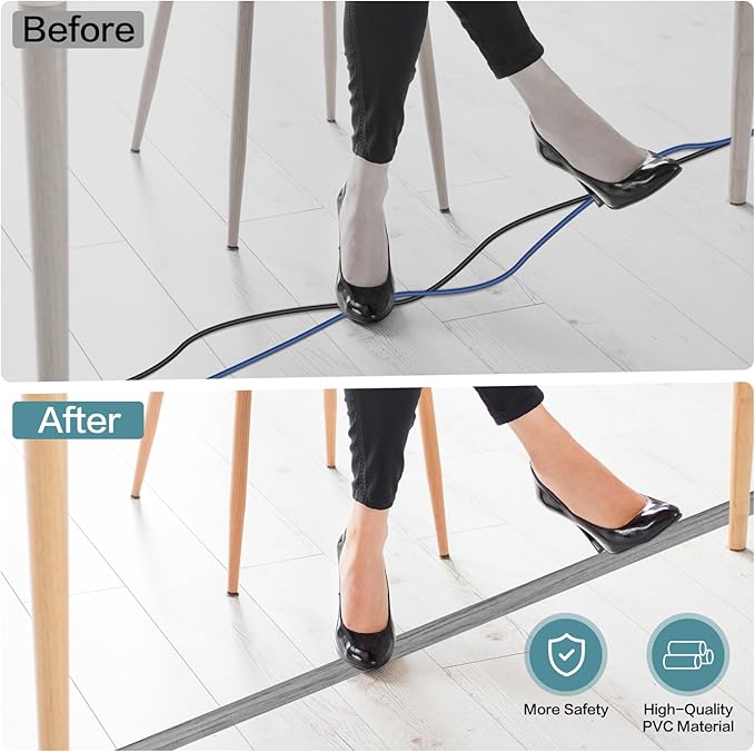 Floor Cord Cover Self Adhesive Cord Hider Floor Extension Cord Covers for Floor Power Cord Protector Cable Management Prevent Cable Trips Cable Cavity 0.47" W x 0.27" H (Light Grey Wood, 20Ft)