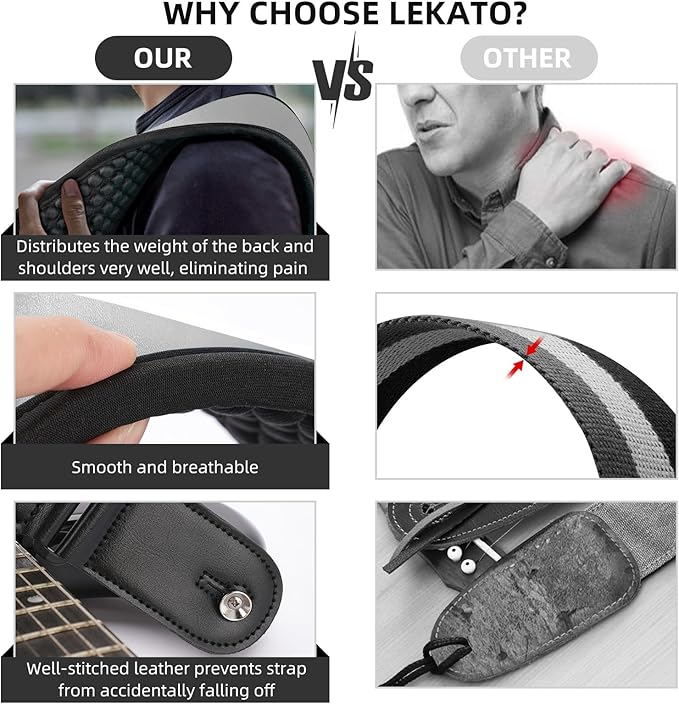 LEKATO Guitar Straps for Electric Guitar Bass, 3.5" Wide Padded Guitar Strap Neoprene Pad with 3D Sponge Filling Bass Guitar Straps Adjustable Length from 45" to 55" with Strap Locks, Picks, Gray