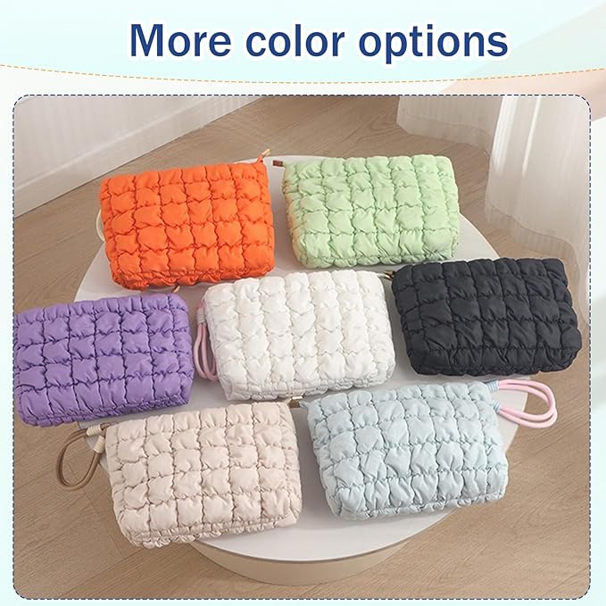 Puffy Quilted Makeup Bag Cosmetic Bag Equipped with a Detachable Handle Cute Zipper Pouch for Storage Clutch for Women(khaki)