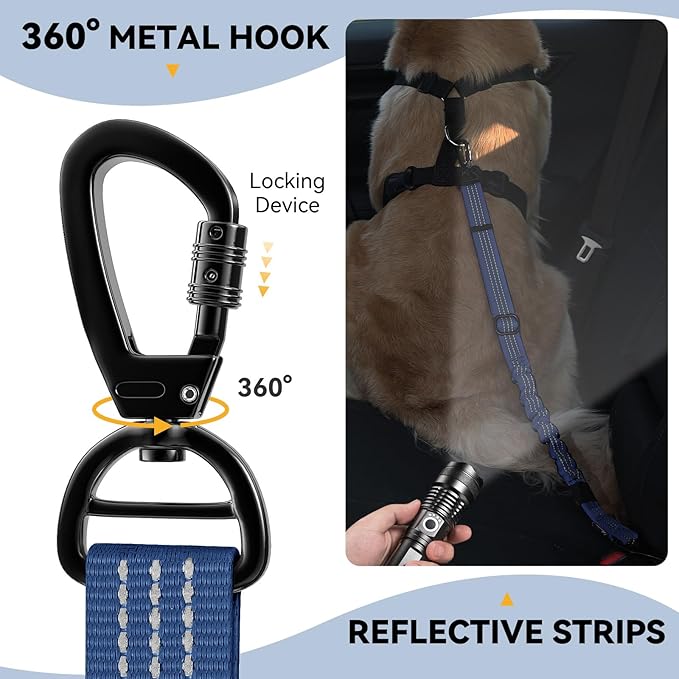 Pawaboo 2Pack Dog Seatbelt for Car, 3-in-1 Dog Car Seat Belt, Shockproof Dogs Tether with Buckle & Hook Latch, Adjustable Reflective Dogs Cars Harness Leash with 360° Lockable Buckle, Indigo/Black