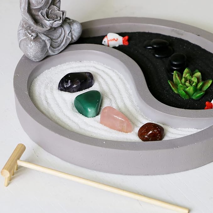 Mini Zen Garden Kit for-Desk - Yin Yang Crystal Sand Rock Garden with Zen Rake Buddha Statue Healing Stones White Sand, Japanese Meditation Gift Set for Home Office Desktop Fidget Toys