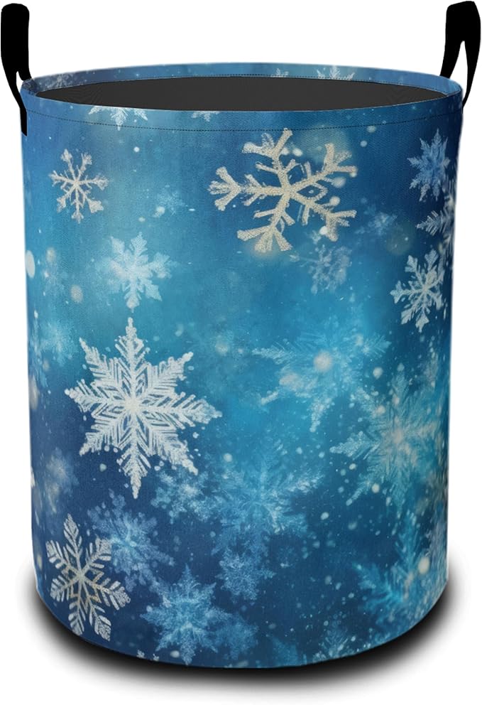 Laundry Basket-Christmas Blue Snowflakes Foldable Waterproof Oxford Cloth Funny Tote Bag Laundry Hamper Clothes Storage Bucket Organizer For Bathroom/Laundry Storage/Bedroom Storage Basket