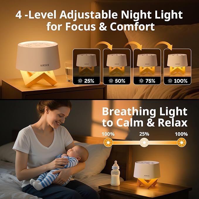 AIRSEE White Noise Sound Machine for Baby Adults, 31 Soothing Sounds 2000mAh Battery 4-Level Night Light Sound Machine, Timer & Memory Function 32 Volume Levels Sleep Machines for Home Office Travel