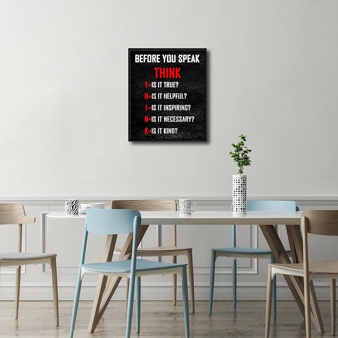 Pyradecor Large Inspirational Poster Black Framed Canvas Wall Art Motivational Think Before You Speak Classroom Positive Quotes for Office Home Decorations