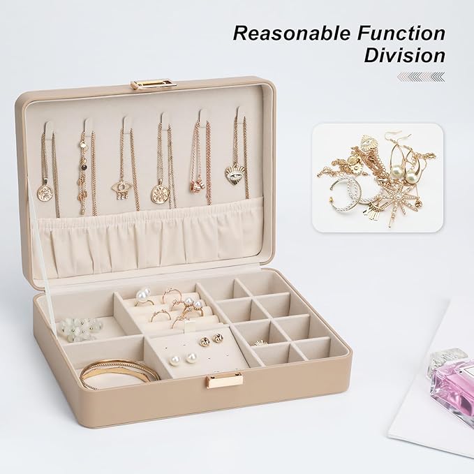 Leather Jewelry Box Elegant Small Jewelry Chest for Women Gift Box for Necklace, Ring, Earring Storage Portable Design for Travel & Home Use Apricot