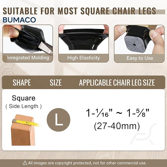 BUMACO Chair Leg Floor Protectors Square Chair Leg Protectors for Hardwood Floors 40Pcs Silicone Covers to Protect Floors Square (Black-L Fit 1-1/16" to 1-5/8")
