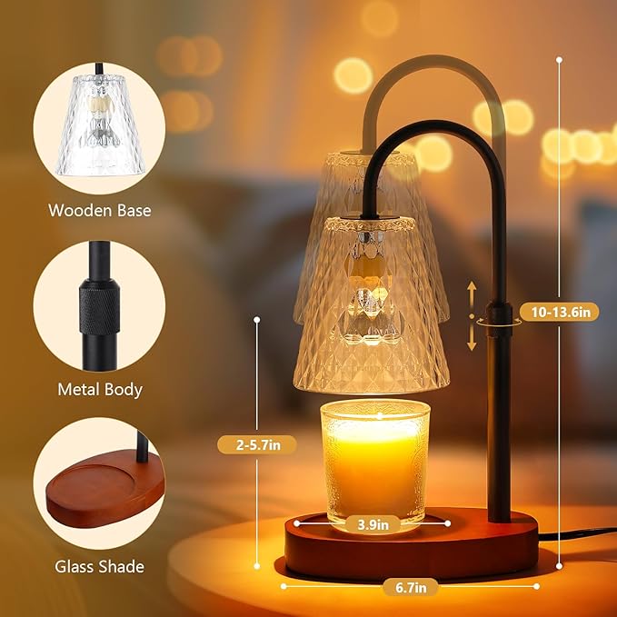 Candle Warmer Lamp with Timer: Electric Candles Warmers Adjustable Height Dimmable - Large Wax Candle Warmers Lamps Scented Flower Light - Home Decor Vintage Wood Base Shade Heat Modern Style Black