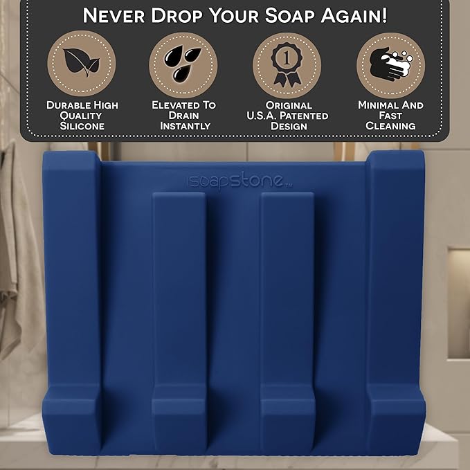 iSoapStone Silicone Soap Dish (USA Patented) Self Draining Bar Soap Holder for Shower Bathroom Sink, Drying Soap Dish Tray Kitchen Sponge Holder Easy Cleaning Soap Saver Mat (Midnight Navy, 2)
