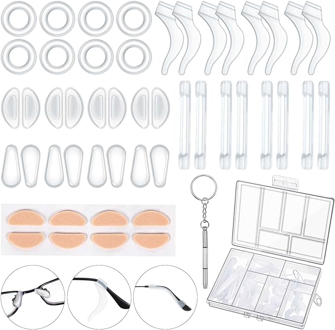 50 Pcs Eyeglasses Retainers Sets 12 Pairs Anti Slip Adhesive Glasses Nose Pads 4 Round Ear Grips 4 Silicone Ear Hooks Holders 4 Glasses Temple Tips Sleeve for Repair(Transparent)