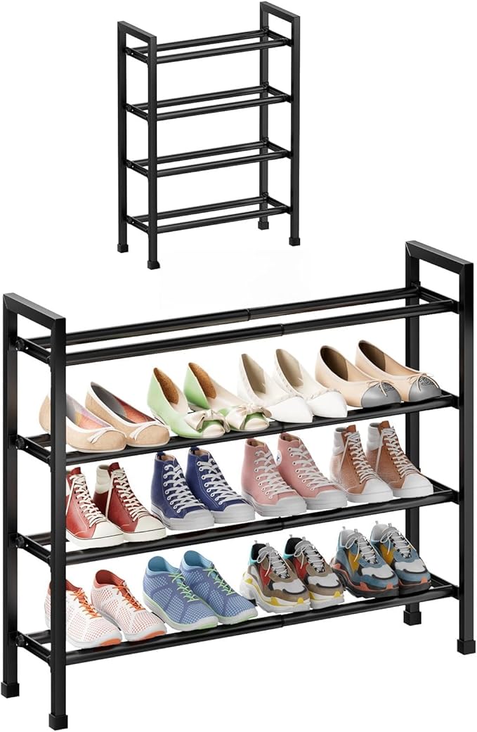 Abiglifty 4-Tier Expandable Shoe Rack,17"-33" Adjustable Shoe Rack for Closet,Metal Shoes Shelves for Front Door Entrance, Garage & Corridor, Free Standing Shoe Holders, Easy to Assemble,Black
