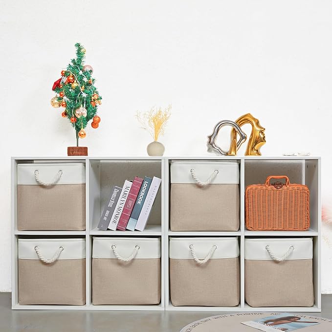 ISEMINGLA 13 x 13 Inch Storage Cubes，6 Pack Cube Storage Bins for Shelves，Fabric Collapsible Storage Bins with Handles, Foldable Storage Basket for Organizing Clothes, Toys, Books (White&Beige)