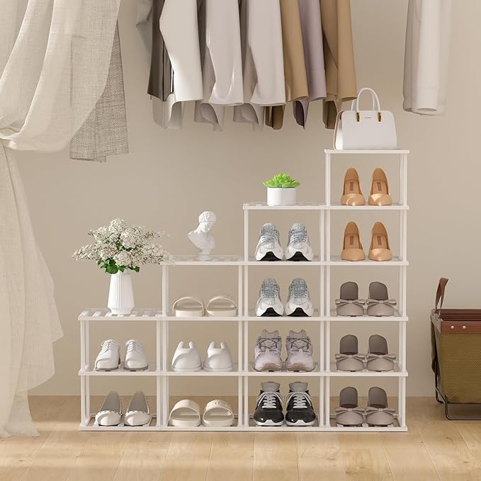 SHIISEWE White Bamboo Shoe Rack for Small Spaces 6 Tier Tall Vertical Narrow Rack