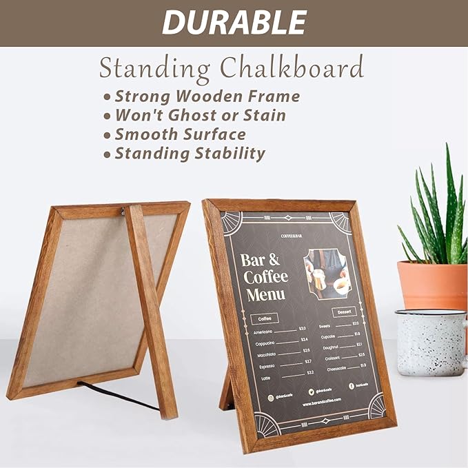2 PCS 11x14 Inch Small Chalkboard Signs with Stand Black Magnetic Chalkboard Tabletop Non-Porous Surface with Rustic Pine Wood Frame Chalk Board Easel Sign for Kitchen, Wedding